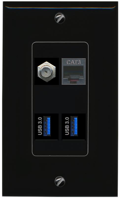 RiteAV COAX PHONE 2 USB-3 Wall Plate Decorative [Black]