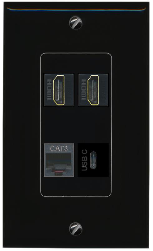 RiteAV 2 HDMI PHONE USBC Wall Plate Decorative [Black]