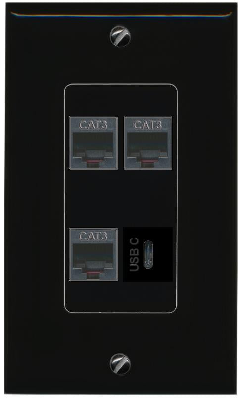 RiteAV 3 PHONE USBC Wall Plate Decorative [Black]
