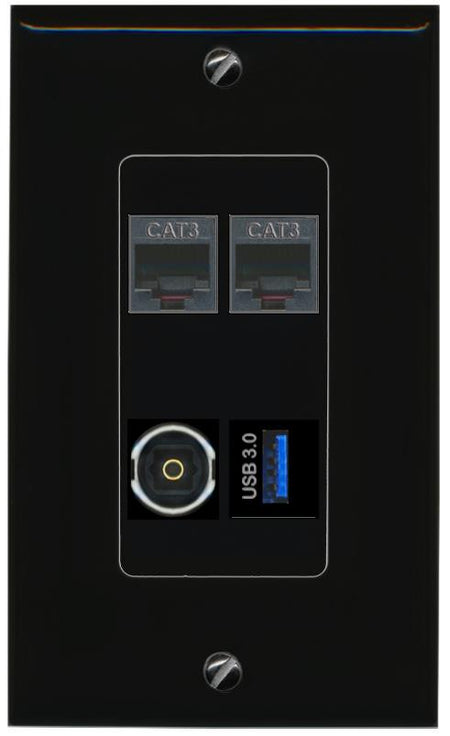 RiteAV 2 PHONE TOSLINK USB-3 Wall Plate Decorative [Black]