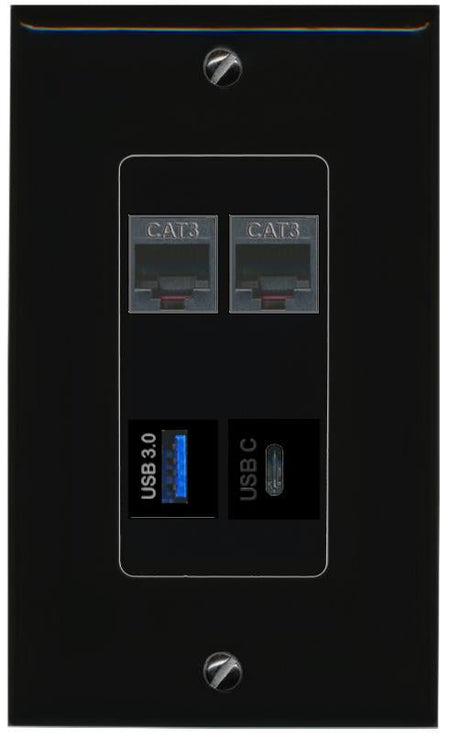 RiteAV 2 PHONE USB-3 USBC Wall Plate Decorative [Black]