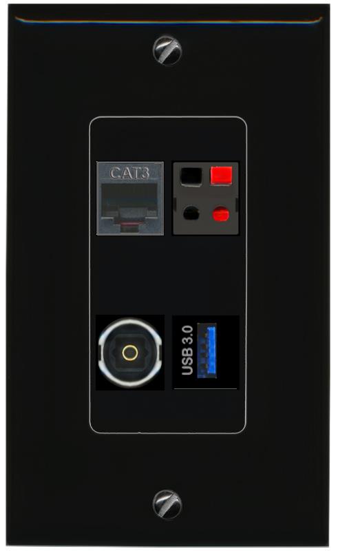 RiteAV PHONE SPEAKER TOSLINK USB-3 Wall Plate Decorative [Black]