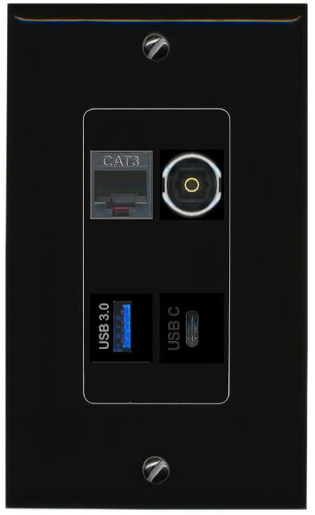 RiteAV PHONE TOSLINK USB-3 USBC Wall Plate Decorative [Black]