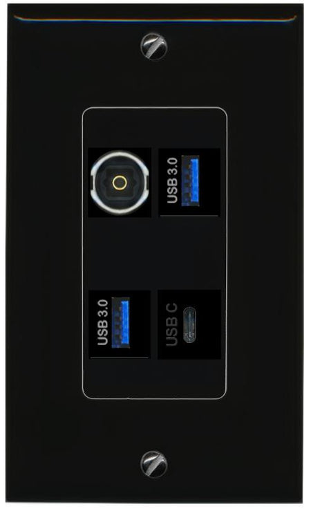 RiteAV TOSLINK 2 USB-3 USBC Wall Plate Decorative [Black]