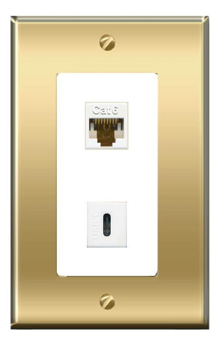 RiteAV -RiteAV CAT6 USBC Wall Plate Decorative [Brass/White]