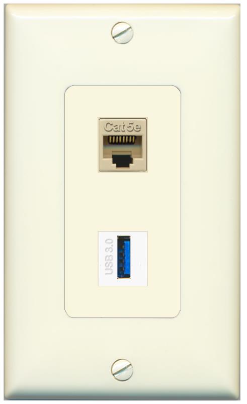 1 CAT5E 1 USB-3 Wall Plate [Light-almond]