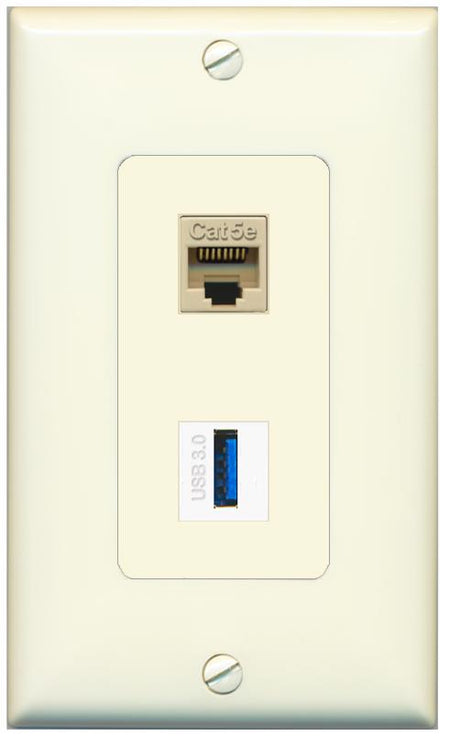 1 CAT5E 1 USB-3 Wall Plate [Light-almond]