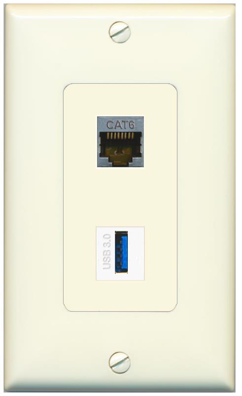 1 CAT6-SHIELDED 1 USB-3 Wall Plate [Light-almond]
