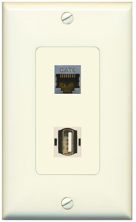 1 CAT6-SHIELDED 1 USB2 Wall Plate [Light-almond]