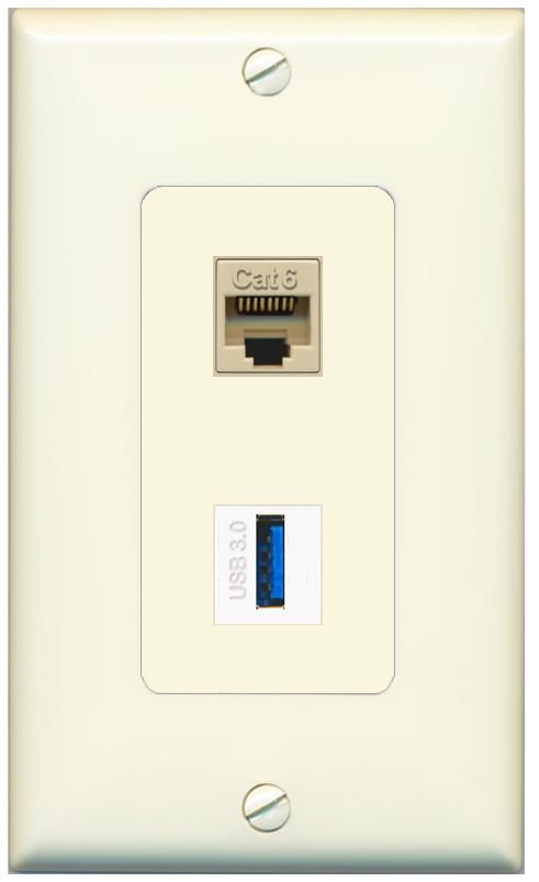 1 CAT6 1 USB-3 Wall Plate [Light-almond]