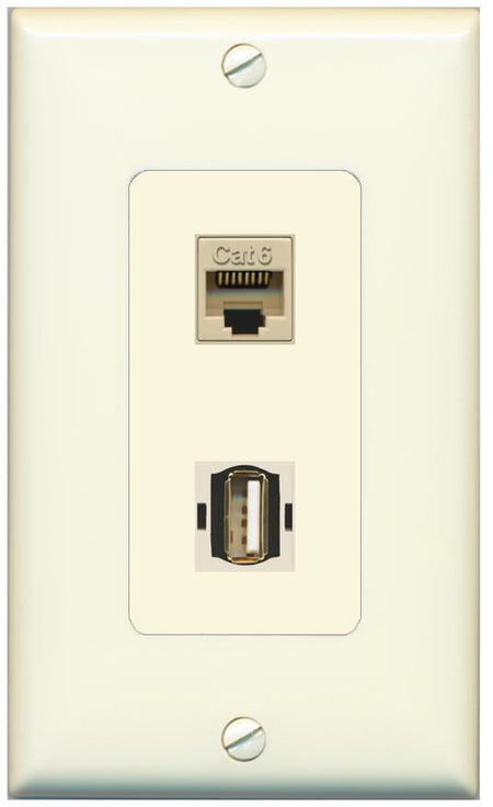 1 CAT6 1 USB2 Wall Plate [Light-almond]