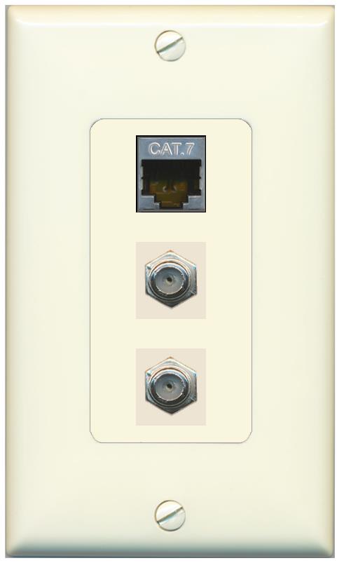 RiteAV - 2 Port Coax Cable TV- F-Type and 1 Port Shielded Cat7 Ethernet Decorative Wall Plate - Light Almond (Copy)