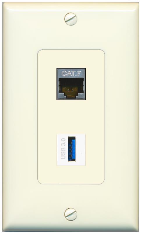 1 CAT7 1 USB-3 Wall Plate [Light-almond]