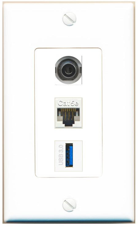 3.5mm CAT5E USB-3 Wall Plate [White]