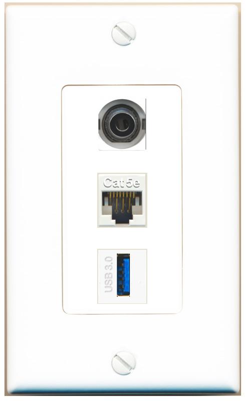 3.5mm CAT5E USB-3 Wall Plate [White]