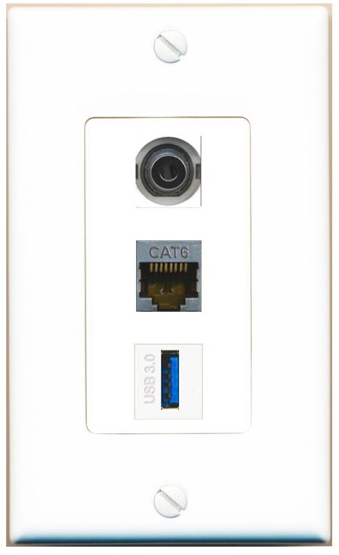 3.5mm CAT6-SHIELDED USB-3 Wall Plate [White]
