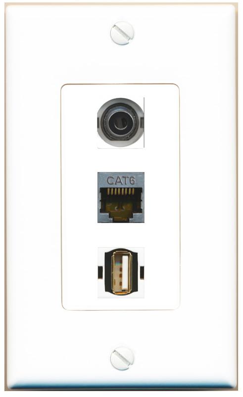 3.5mm CAT6-SHIELDED USB2 Wall Plate [White]