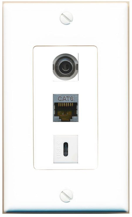 3.5mm CAT6-SHIELDED USBC Wall Plate [White]