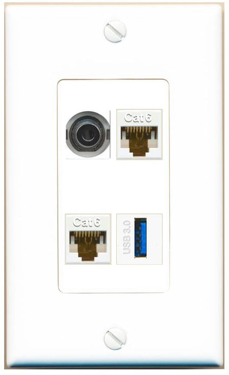 RiteAV 3.5mm 2 CAT6 USB-3 Wall Plate [White]