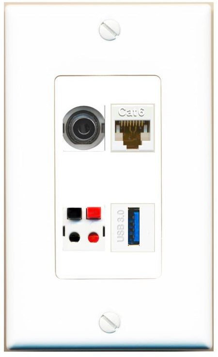 RiteAV 3.5mm CAT6 SPEAKER USB-3 Wall Plate [White]