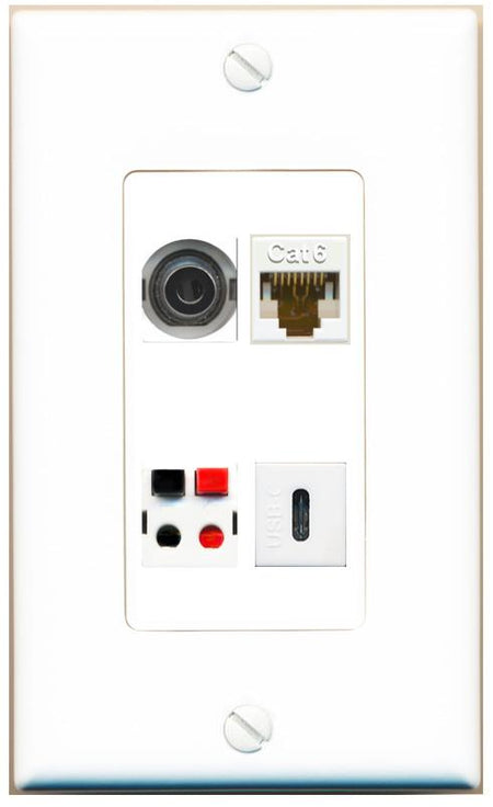RiteAV 3.5mm CAT6 SPEAKER USBC Wall Plate [White]