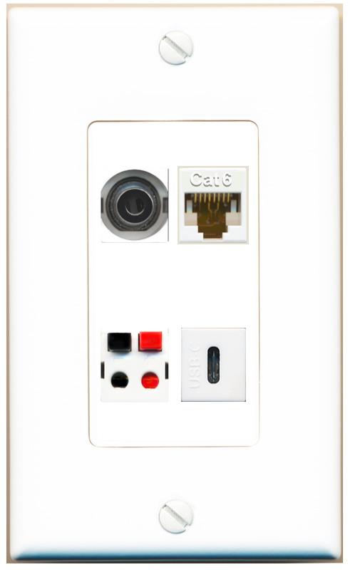 RiteAV 3.5mm CAT6 SPEAKER USBC Wall Plate [White]