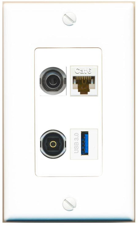 RiteAV 3.5mm CAT6 TOSLINK USB-3 Wall Plate [White]