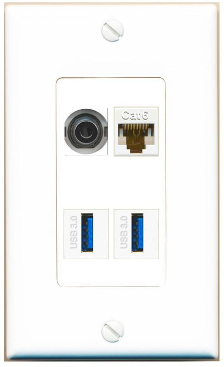 RiteAV 3.5mm CAT6 2 USB-3 Wall Plate [White]