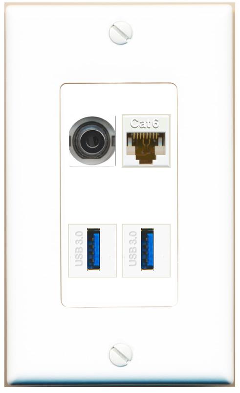 RiteAV 3.5mm CAT6 2 USB-3 Wall Plate [White]