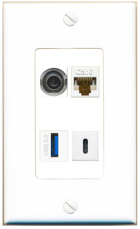 RiteAV 3.5mm CAT6 USB-3 USBC Wall Plate [White]