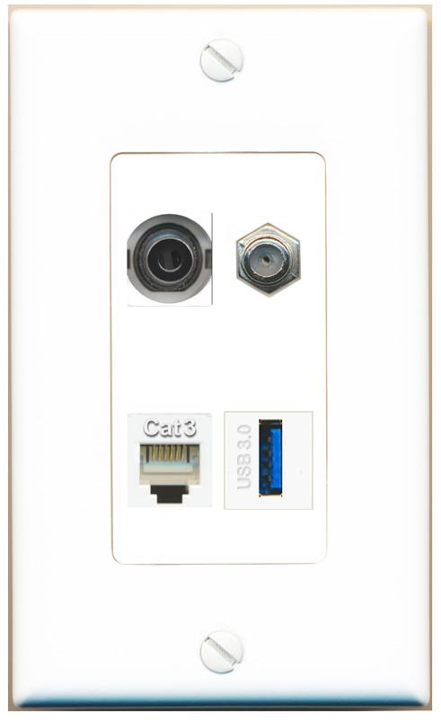 RiteAV 3.5mm COAX PHONE USB-3 Wall Plate [White]