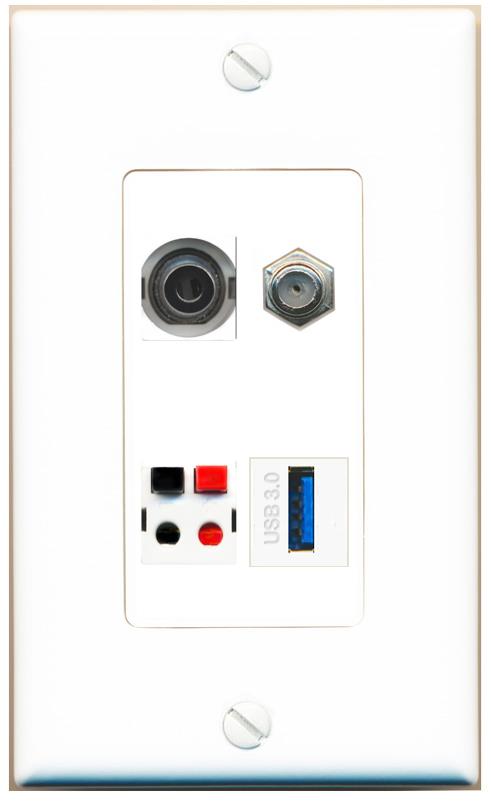 RiteAV 3.5mm COAX SPEAKER USB-3 Wall Plate [White]