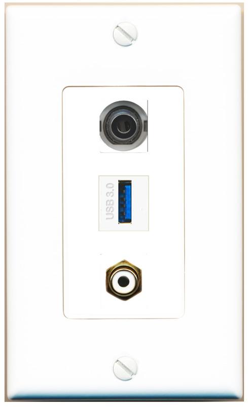 3.5mm RCA-WHITE USB-3 Wall Plate [White]
