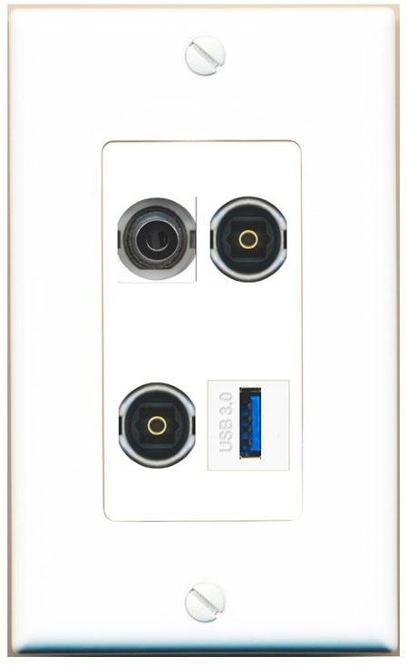 RiteAV 3.5mm 2 TOSLINK USB-3 Wall Plate [White]