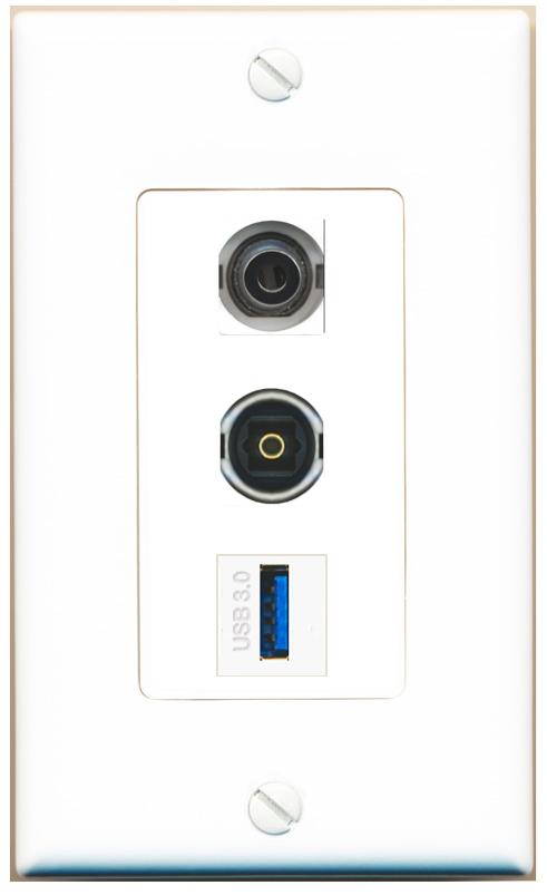 3.5mm TOSLINK USB-3 Wall Plate [White]