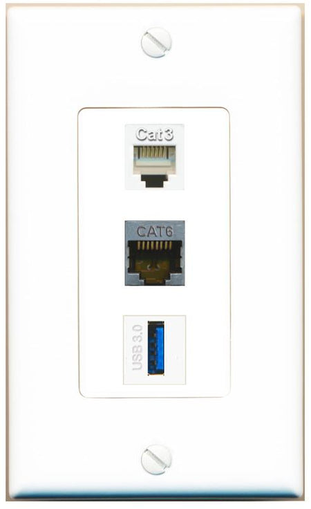 CAT6-SHIELDED PHONE USB-3 Wall Plate [White]