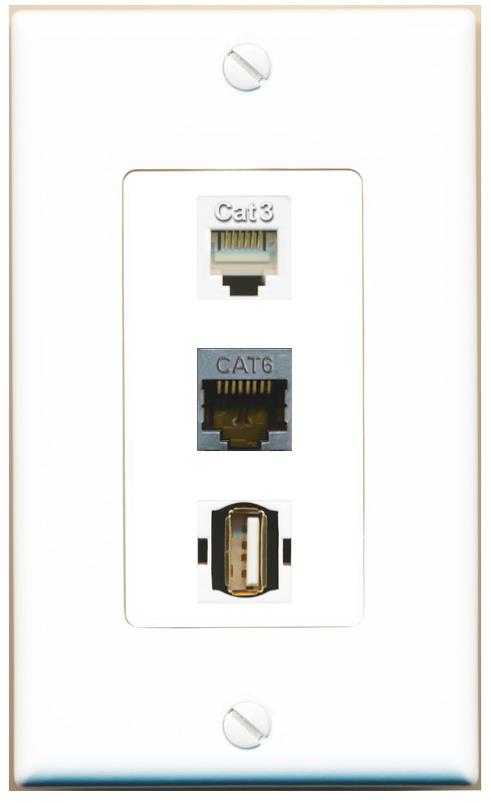 CAT6-SHIELDED PHONE USB2 Wall Plate [White]