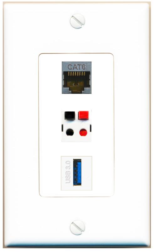 CAT6-SHIELDED SPEAKER USB-3 Wall Plate [White]