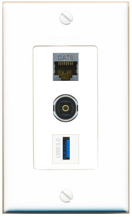 CAT6-SHIELDED TOSLINK USB-3 Wall Plate [White]