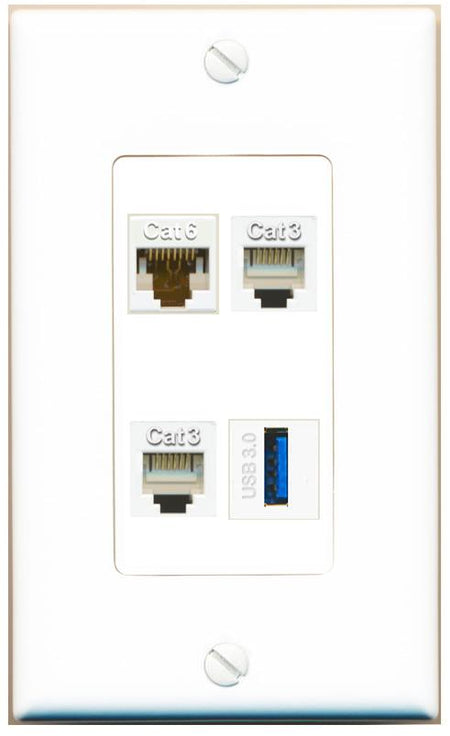 RiteAV CAT6 2 PHONE USB-3 Wall Plate [White]