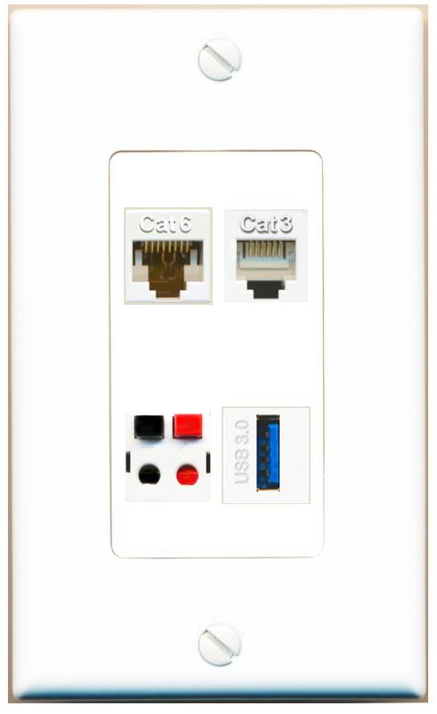 RiteAV CAT6 PHONE SPEAKER USB-3 Wall Plate [White]