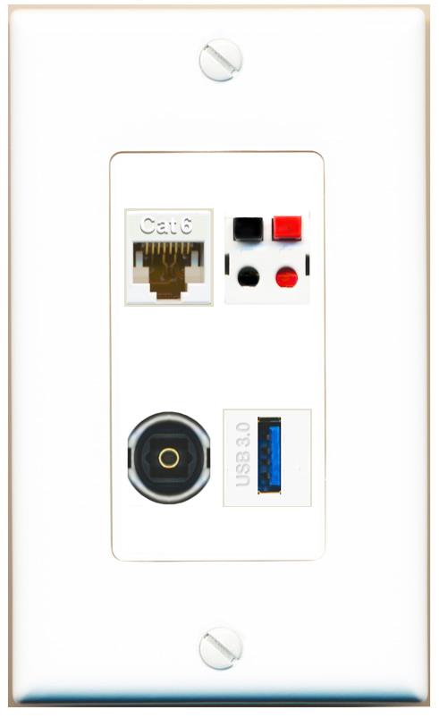 RiteAV CAT6 SPEAKER TOSLINK USB-3 Wall Plate [White]