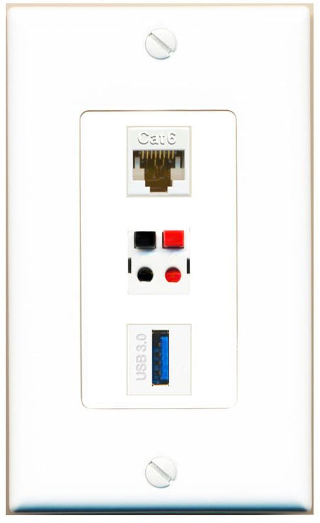 CAT6 SPEAKER USB-3 Wall Plate [White]