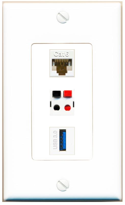 CAT6 SPEAKER USB-3 Wall Plate [White]