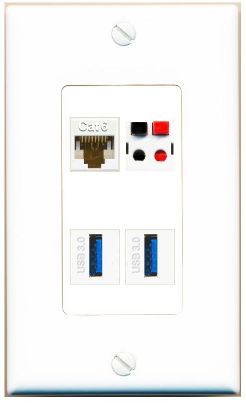 RiteAV CAT6 SPEAKER 2 USB-3 Wall Plate [White]