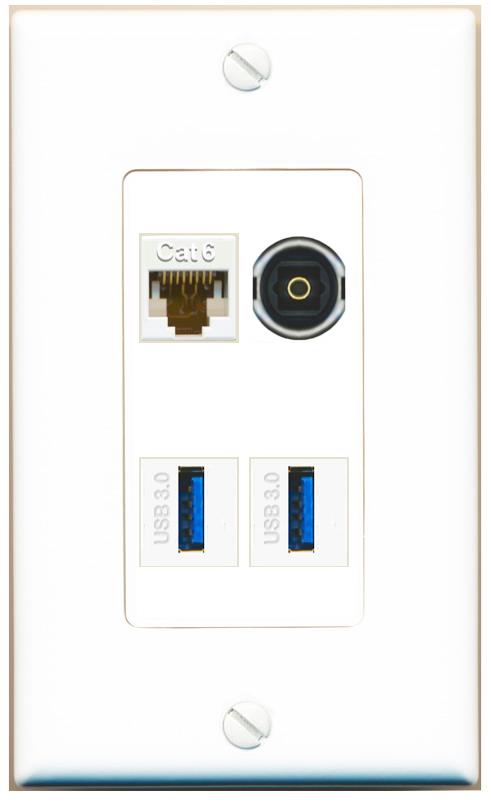 RiteAV CAT6 TOSLINK 2 USB-3 Wall Plate [White]