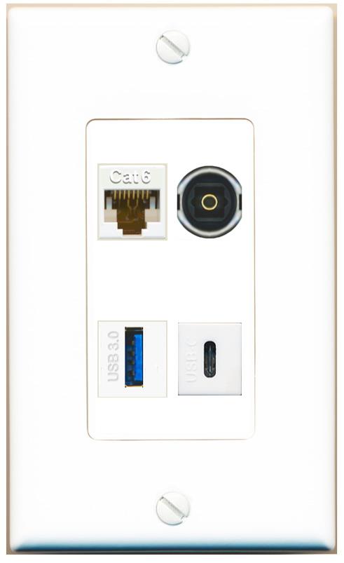 RiteAV CAT6 TOSLINK USB-3 USBC Wall Plate [White]