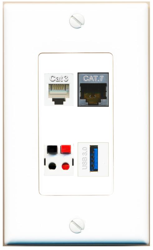 RiteAV CAT7 PHONE SPEAKER USB-3 Wall Plate [White]