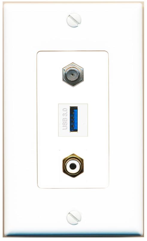COAX RCA-WHITE USB-3 Wall Plate [White]