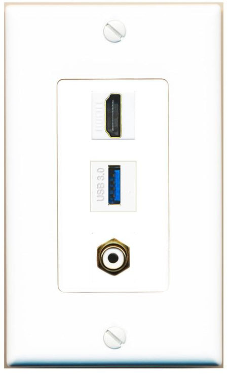 HDMI RCA-WHITE USB-3 Wall Plate [White]